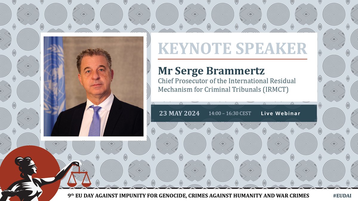 Eurojust's tweet photo. ⚖️ This week we will host a webinar to commemorate 30 years since the 1994 genocide against the Tutsi in Rwanda.
🗣️ Keynote speaker: @unirmct Chief Prosecutor Serge Brammertz
Livestream starts at 14:00 CEST & will be available in 🇬🇧 & 🇫🇷
More 👉 https://t.co/nDCwCu9Q8J #EUDAI https://t.co/l3GrnfvfJf