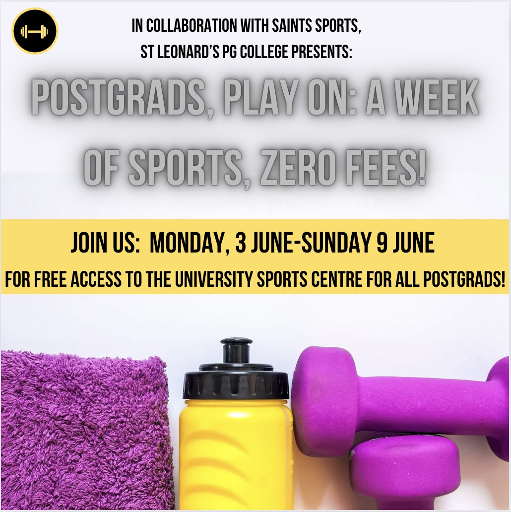 ‼️ University Sports Centre (in collab w/ St Leonard's) is offering one week of free access for PG students from 3rd June, including access to the gym, fitness classes, and casual sport bookings so you can try out the facilities! Just speak to reception on arrival.