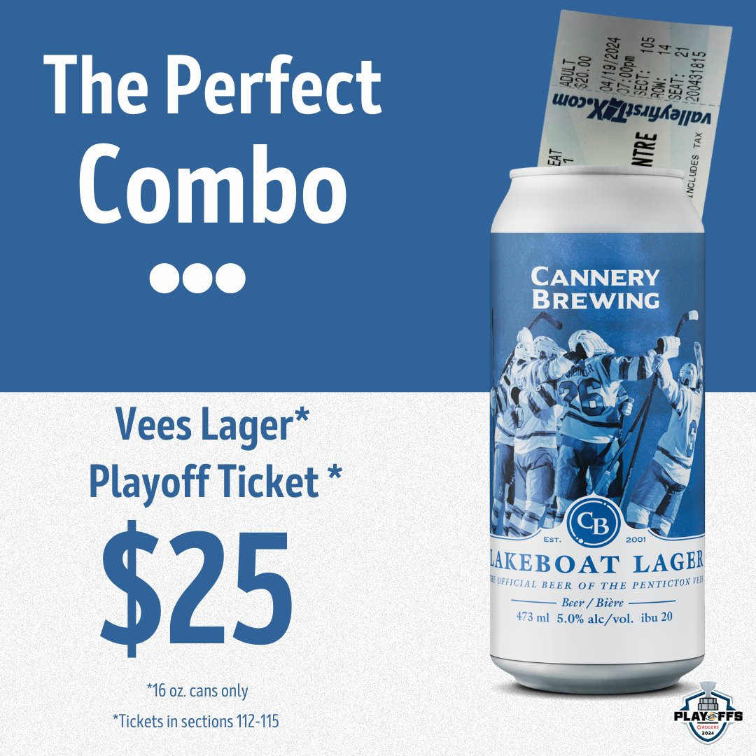 Penticton Vees-xyz (@pentictonvees) on Twitter photo Take advantage of a great combo. Grab a <a href="/CanneryBrewing/">Cannery Brewing</a> Vees Lager and ticket for just $25.
(Must be legal drinking age) Take advantage of a great combo. Grab a <a href="/CanneryBrewing/">Cannery Brewing</a> Vees Lager and ticket for just $25.
(Must be legal drinking age)