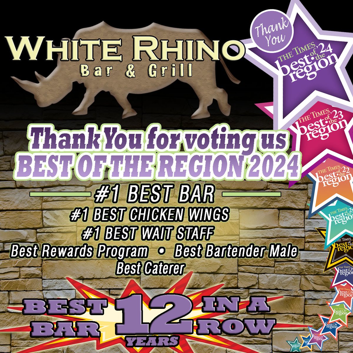 WhiteRhinoDyer's tweet image. Thank you!  We are absolutely ecstatic to announce that White Rhino was voted NWI Times The Best Bar for the 12th consecutive year! Plus, you voted us ONE OF THE BEST OF THE REGION in 6 categories! 🎉
#1BEST BAR
 Thank You!