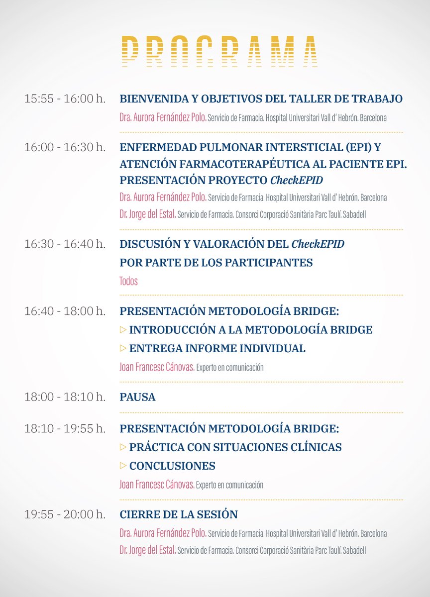 sefh_'s tweet photo. 📢📢Últimas horas para inscribirse en el Taller CheckEPID👉👉 https://t.co/rG8LgOnVde

▪️Enfermedad pulmonar intersticial (EPI) y atención farmacéutica
▪️Presentación proyecto CheckEPID
▪️Presentación metodología Bridge

🗓️lunes 27 mayo, Barcelona https://t.co/xM6VQ9BWOT