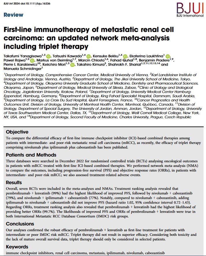 First-line immunotherapy of metastatic renal cell carcinoma: an updated network meta-analysis including triplet therapy @gehi87 @E_Laukhtina @K_Tatsushi @DrShariat @schmidingerRCC doi.org/10.1111/bju.16…