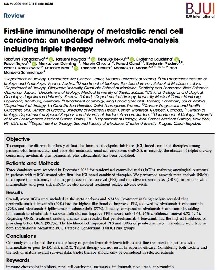 BJU International (@bjuijournal) on Twitter photo First-line immunotherapy of metastatic renal cell carcinoma: an updated network meta-analysis including triplet therapy
<a href="/gehi87/">Takafumi Yanagisawa</a> <a href="/E_Laukhtina/">Ekaterina Laukhtina</a> <a href="/K_Tatsushi/">Tatsushi Kawada</a> <a href="/DrShariat/">Shahrokh F. Shariat</a> <a href="/schmidingerRCC/">Manuela Schmidinger</a>
doi.org/10.1111/bju.16… First-line immunotherapy of metastatic renal cell carcinoma: an updated network meta-analysis including triplet therapy
<a href="/gehi87/">Takafumi Yanagisawa</a> <a href="/E_Laukhtina/">Ekaterina Laukhtina</a> <a href="/K_Tatsushi/">Tatsushi Kawada</a> <a href="/DrShariat/">Shahrokh F. Shariat</a> <a href="/schmidingerRCC/">Manuela Schmidinger</a>
doi.org/10.1111/bju.16…