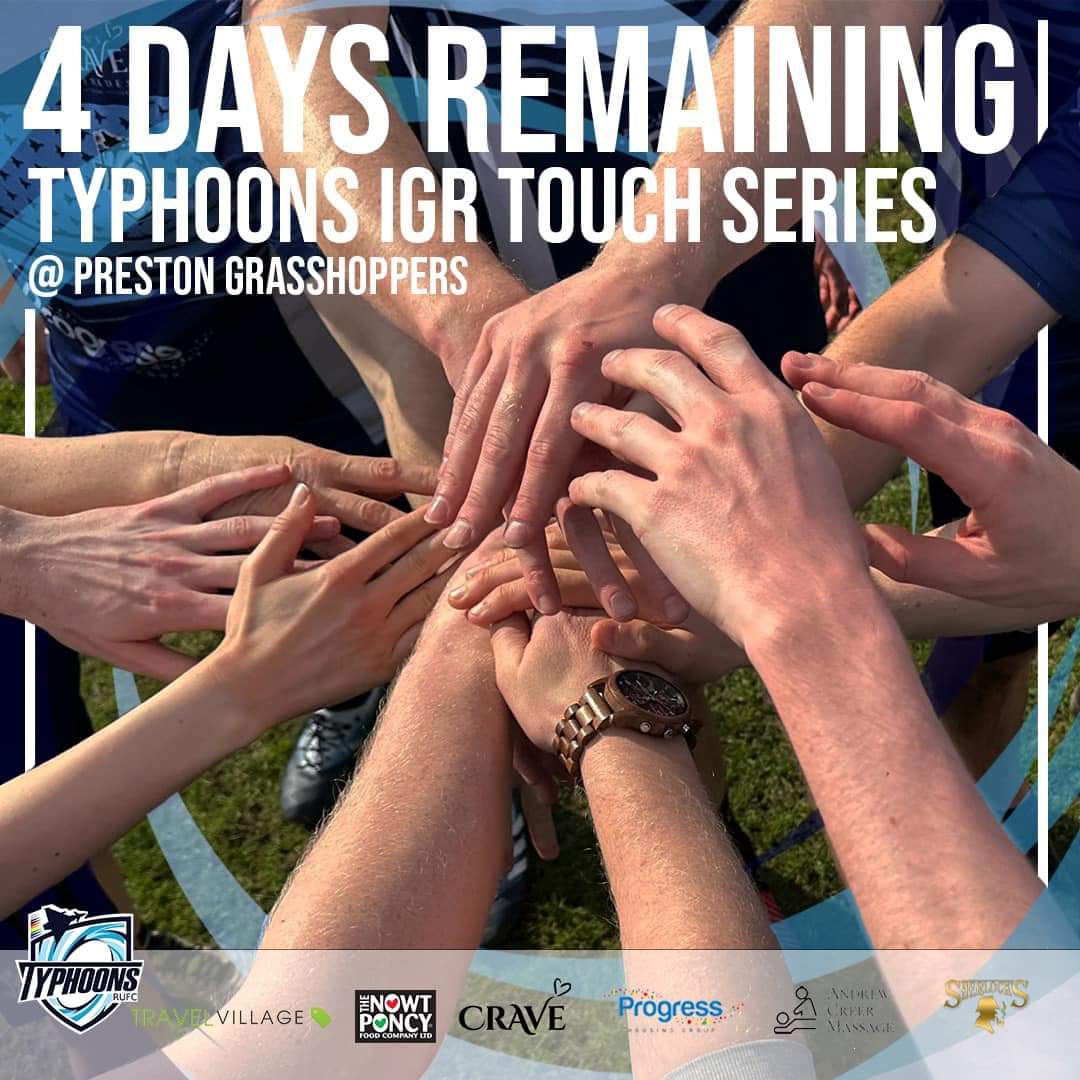 Only four days left until we host the second round of the IGR touch Northern League! To stay updated on our game schedule and the latest scores as games conclude, please visit our touch event website. tournify.uk/live/typhoonst… #rugbyfamily #theTyphoonsway #touchrugby