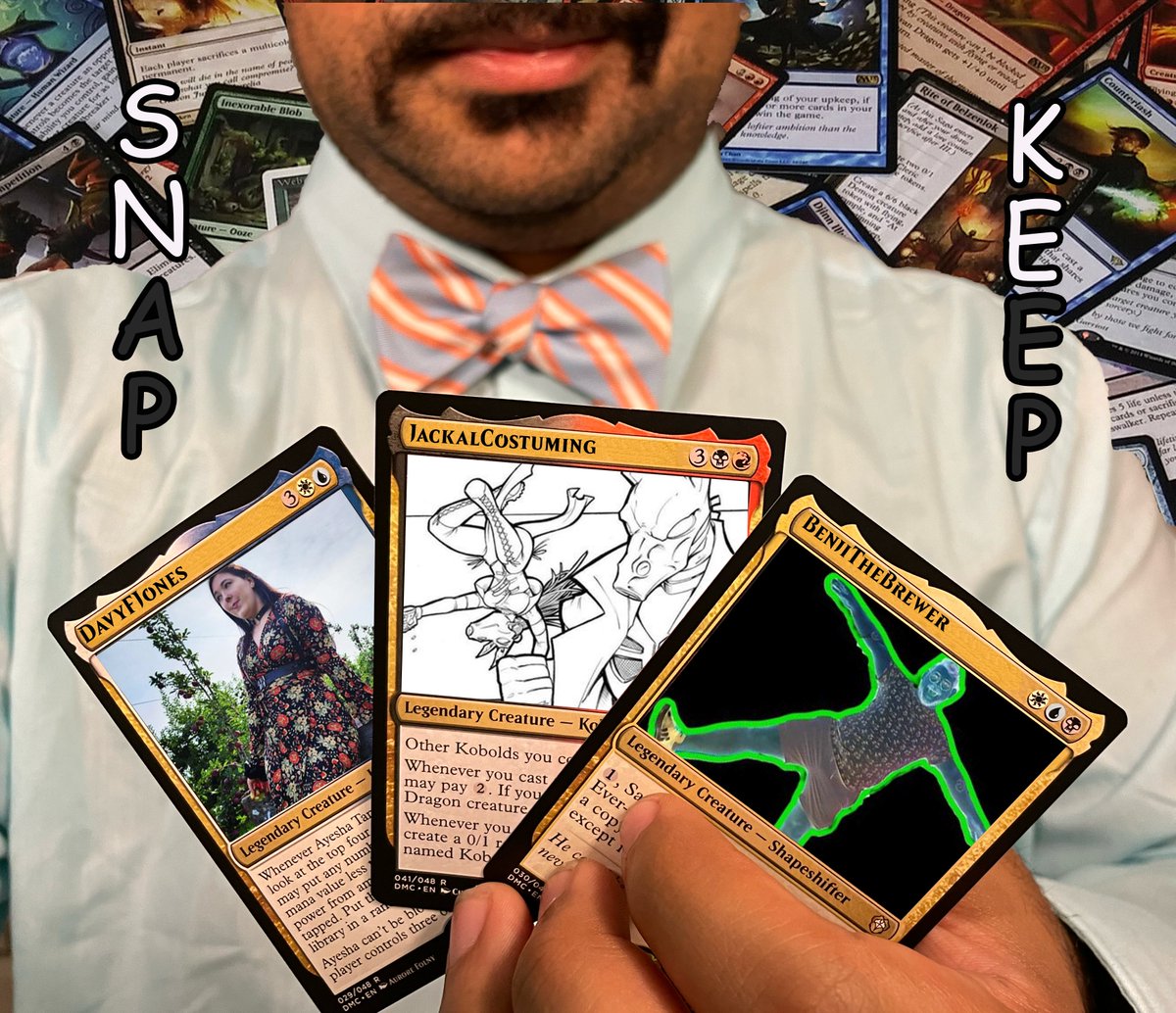 DJandCB's tweet photo. We are back with our Tuesday night #SNAPKEEP! tonght in our opening hand we have the pirate queen @DavyFJones, Everyones favorite Ajani @JackalCostuming and the master brewer @benjithebrewer at 7pmEst over on the purple streaming site!! Be sure to swing by and say hi! With chat redemptions to impact the game this should be a Cyclone of an event!