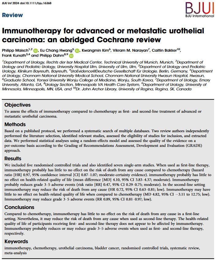 Immunotherapy for advanced or metastatic urothelial carcinoma: an abridged Cochrane review @EBMUrology @PhilippMaisch doi.org/10.1111/bju.16…