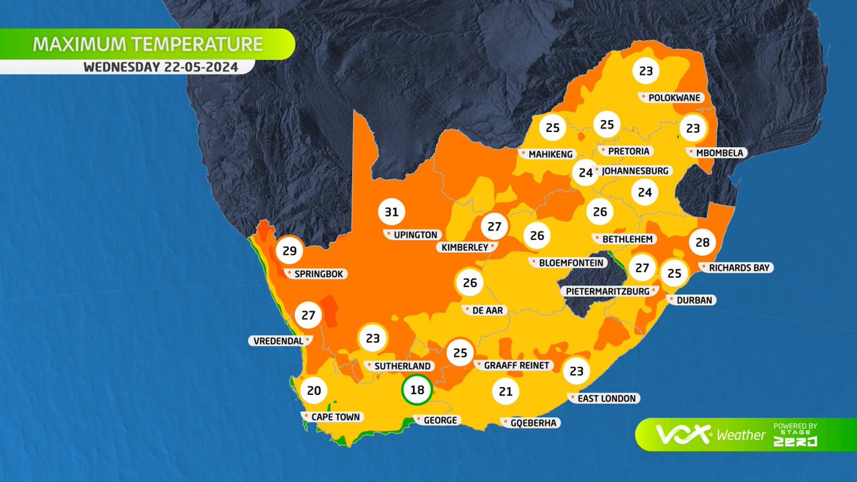 WEATHER MAPS and WARNINGS for this WEDNESDAY – 22 May 2024 ⚠️WARNINGS by SAWS⚠️ 🟡Yellow Level 2: Damaging waves between Saldanha Bay and Cape Agulhas in the morning. For a more in-detail forecast watch Meteorologist Annette Botha LIVE at 6pm on Vox Weather #Voxweather