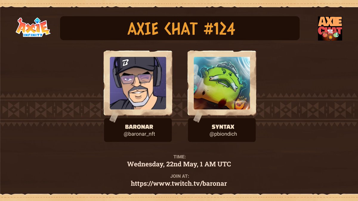 AxieInfinity's tweet photo. Join us for Axie Chat #124!✨

Join @baronar_nft and special guest @pbiondich as they dive deep into the latest governance discussions. 

Axie Governance voting is live, and this episode is packed with insights you won't want to miss!  

Stream Link 👇

 https://t.co/I9nzqWSMPm https://t.co/dC6sbiW8mK
