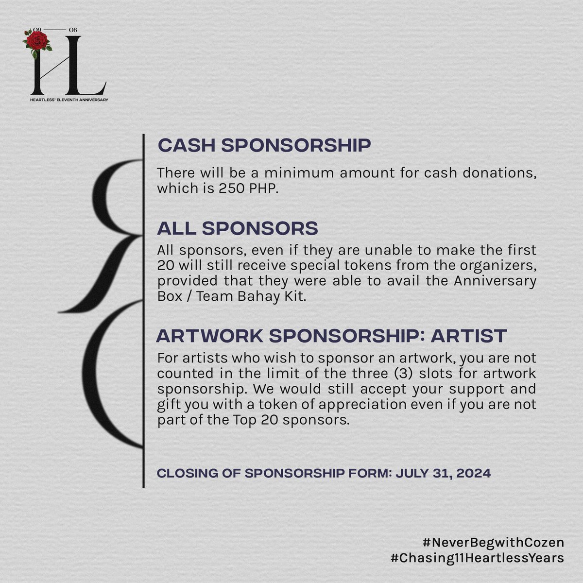 We’ve re-opened our sponsorship form, Chasers! 🌹 Kindly read everything in the form carefully before clicking ‘submit’ and fill-up the necessary information. Thank you, babe! forms.gle/KftFhL8CCG67KD… #NeverBegWithCozen #Chasing11HeartlessYears
