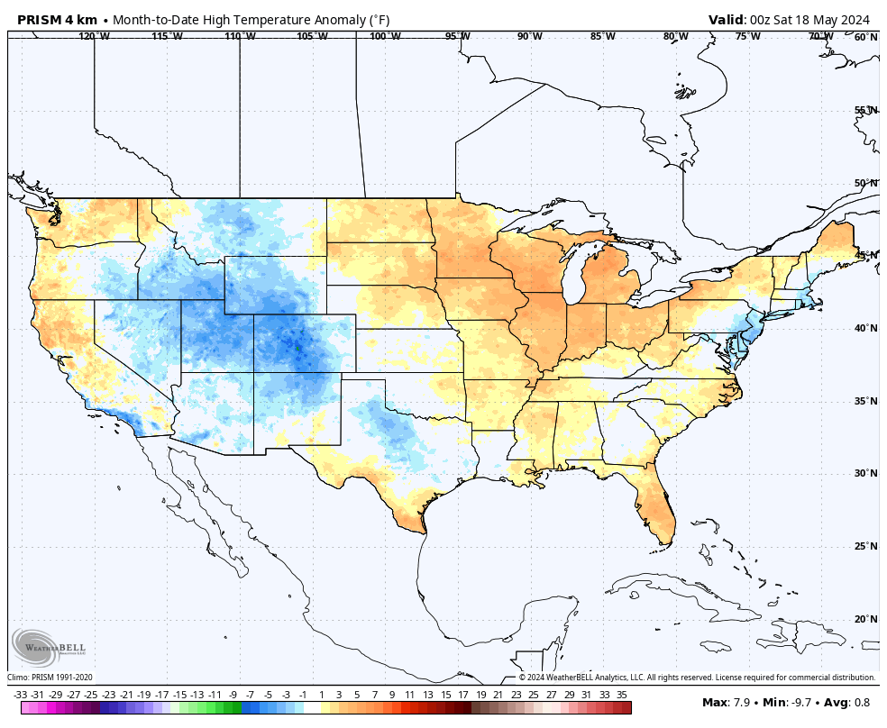 Through 18 days in May: May 2024 is 4.2°F cooler than May 1987 in the US.