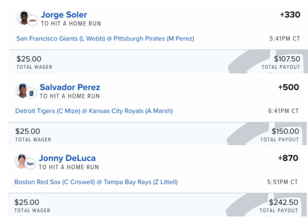 EdgePlayBook's tweet photo. #BetInPublic #SteadyEdge #DingerEdge. The next 3 #DingerTuesday plays on #FanDuel today. Each of this play is about 5% EV on its own, and 35% EV after the promo
1β£ #JorgeSoler +330
2β£ #SalvadorPerez +500
3β£ #JonnyDeLuca +870
#GamblingX #EVBetting #MLB https://t.co/SuexKCyeUI