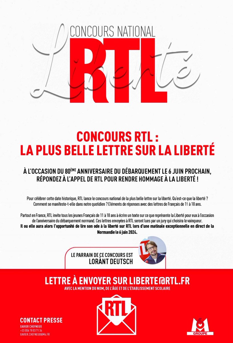 À l'occasion du 80e anniversaire du #débarquement, @RTLFrance organise un concours destiné aux élèves de 11 à 18 ans : ✒️ Rédigez une lettre d'une quinzaine de lignes sur le thème de la liberté et envoyez-la à liberte@rtl.fr avant le 31 mai . Voir les détails dans l'affiche 👇