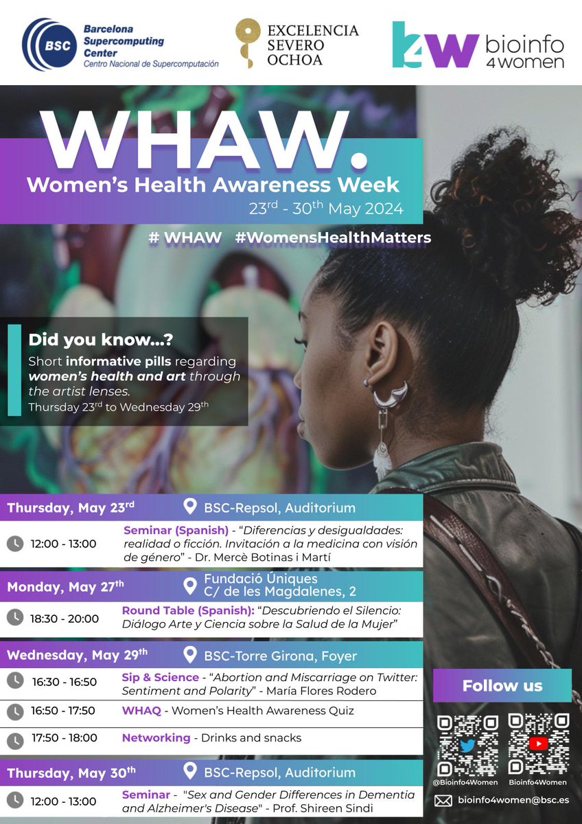 #WHAW | Women's Health Awareness Week, commemorating the International Day of Action for #WomensHealth 🔹Opening webinar 🔹Informative pills 🔹Art & Science round table 🔹Flash-talk, quiz, networking 🔹Closing webinar 🔗 bsc.es/research-and-d… #WomensHealthMatters 👇