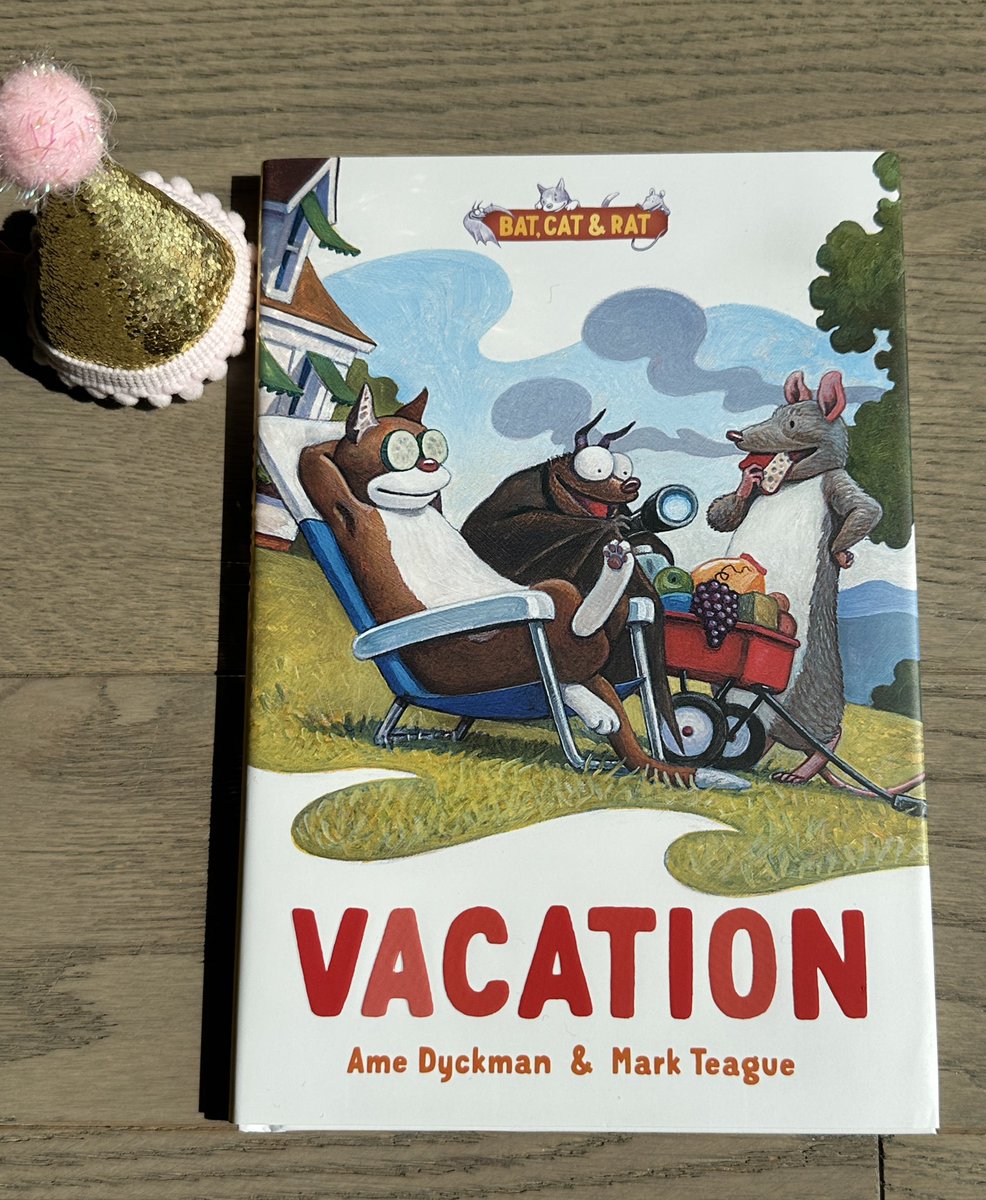 YAY! 🎉 It’s the #BOOKBIRTHDAY 🎂 for our: BAT, CAT & RAT #2: ☀️VACATION☀️ THREE-AND-A-HALF STORIES! 🦇, 🐈 & 🐀 want to take a vacation! But… WHERE?! 🦇: “OUTER SPACE!” 🐈: “THE SPA!” 🐀: “EEK!” Can they agree? Text by me, 🎨 by #MarkTeague, Beach Lane Books, @SimonKIDS!