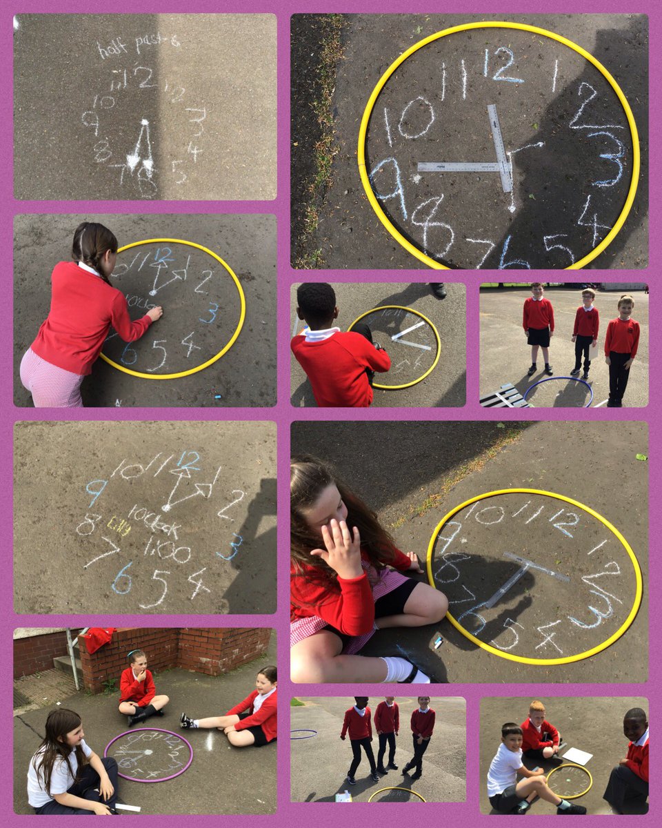 Big Maths, Time, outdoor learning. We drew our clocks with chalk and used 2 rulers for hands for practise. Next we took turns in our trios to identify times and draw the hands in chalk. #BigMaths#successfullearners