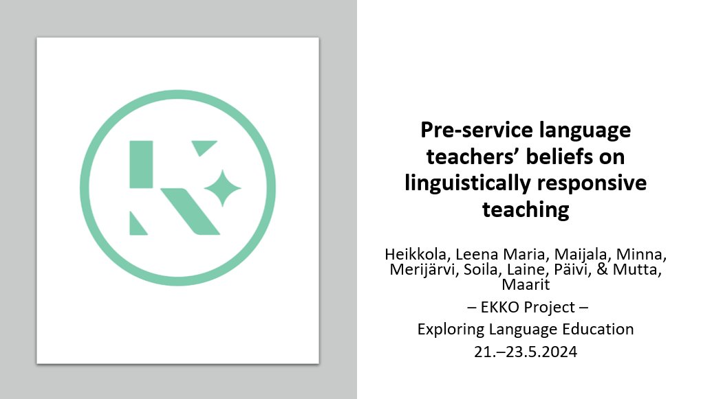 Also presenting at the ELE Conference today in Vaasa, is <a href="/leena_mariah/">Leena Maria Heikkola</a> with the title "Finnish pre-service language teachers’ perceptions of culture – from social justice to cultural humility". 

Did you enjoy the presentations of the EKKO-team?

<a href="/KoneenSaatio/">Koneen Säätiö</a> #ELEconference