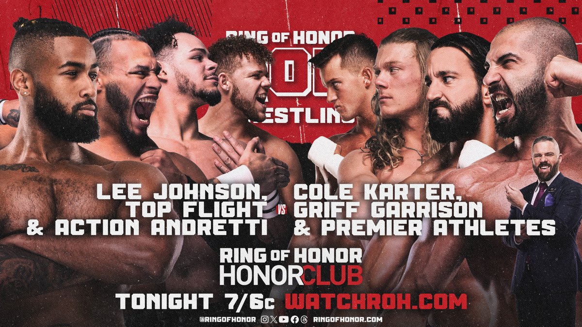 It's a HUGE 8-man tag team match! @TopFlight612, @ActionAndretti & @BigShottyLee vs. @griffgarrison1, @realcolekarter & the Premier Athletes @AriyaDaivari & @TonyNese! 📺 Watch ROH TV on #HonorClub at WatchROH.com 7/6c