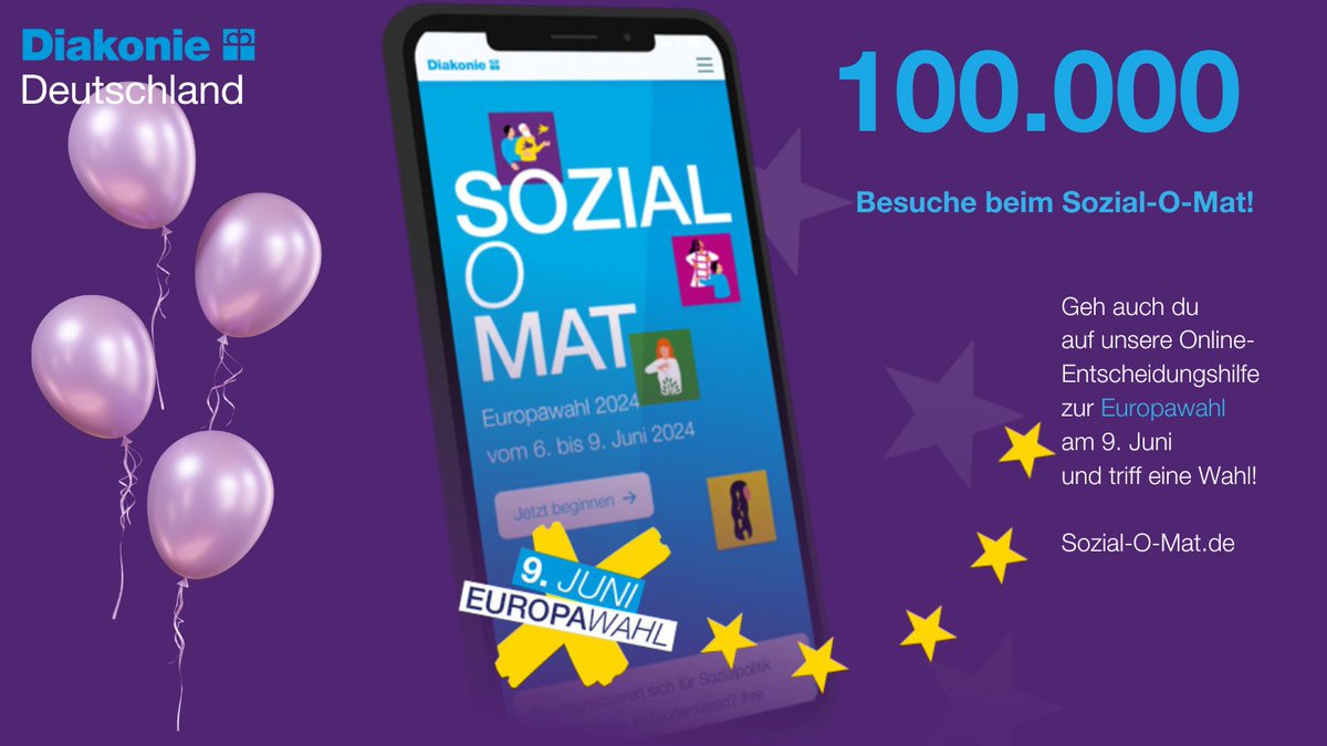 100.000 Besuche beim Sozial-O-Mat! Probiere auch du unser Online-Tool aus und triff eine Wahl zur Europawahl am 9. Juni!

#europawahl #europawahl2024 #euwahl2024 #euwahl #sozialomat #diakonie #machdenunterschied

➡️ sozial-o-mat.de/ew2024 
➡️ diakonie.de/informieren/eu…