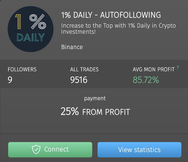 cryptorobotics's tweet photo. Want to trade on the #cryptocurrency market but do not have enough time? Try autofollowing on https://t.co/gouLSAlZTf
#Autofollowing is an automated trading based on signals from traders-analysts.
“Signals + robot” tool. Signals are provided by the analyst, the robot processes the signals and makes trades.
Easy setup, wide choice of risk strategies, 24/7 trading.