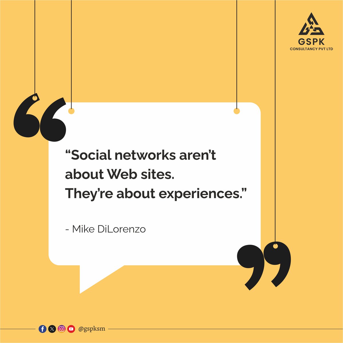 Quote
#GSPK #GspkConsultancy #socialmediaagency #digitalmarketing #digitalmedia #socialmediamarketing #socialmediastrategy