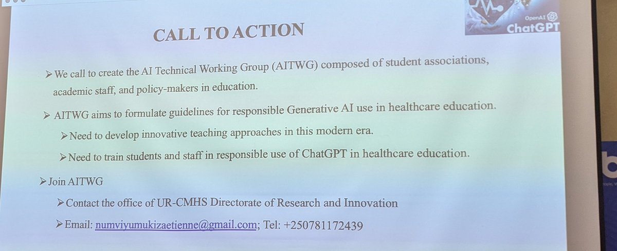 #CallToAction We call up to establish the #AINationalTechinicalWorkingGroup(AITWG) composed to health educational multi stakeholders aiming to establish our context guidelines& innovative teaching approach in this modern. @Rwanda_Edu @RwandaHealth @Uni_Rwanda @MHB_Research