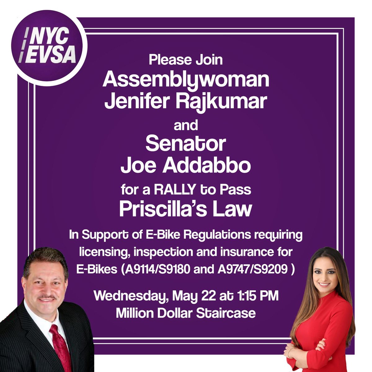 Tomorrow in the Capitol— Please join us for a rally in support of my bills creating common sense E-Bike regulations. This includes requiring licensing, inspection and insurance for E-Bikes. We can make our roads safer for all. @nyc_evsa #PriscillasLaw