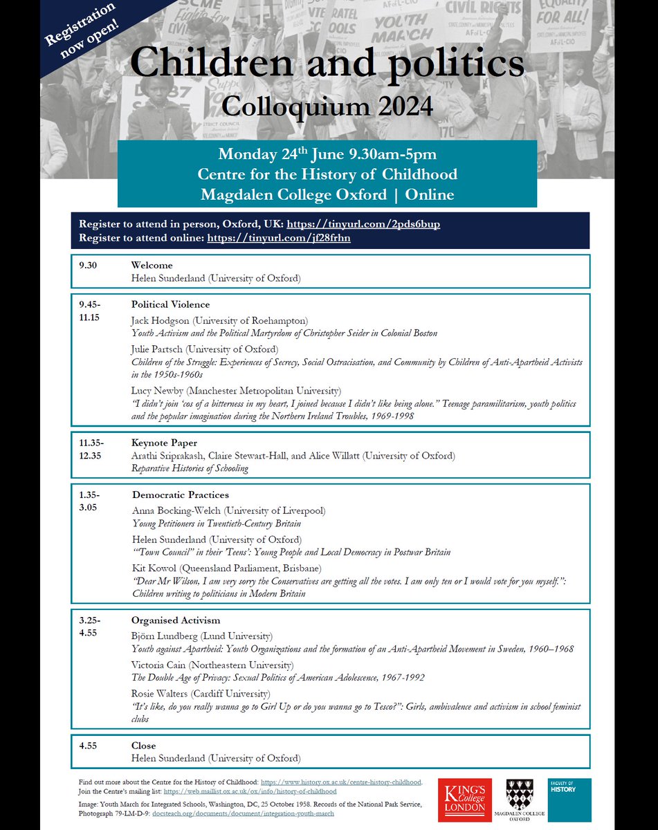 Registration now OPEN! Sign up for the Centre for the History of Childhood colloquium on 'Children and politics' on Monday 24 June 9:30-17:00 - join us at Magdalen College Oxford or online. All are very welcome! Links to register in person or online below ⬇️