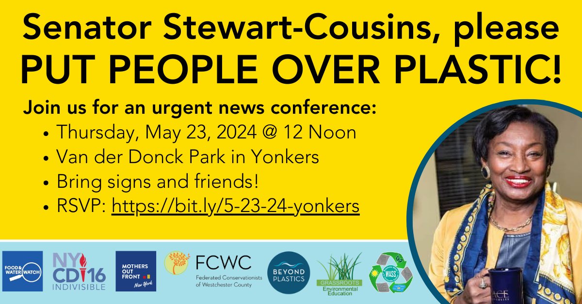 Join us, @Nycd16Indivis @MothersOutFront @GrassrootsEnvEd @FCWC1 @FCWCStudents @WASS_Peekskill @foodwaterwatch @350brooklyn for an urgent news conference this THURS, 5/23 at noon to call on @AndreaSCousins to not weaken and bring to a vote @senatorharckham Packaging Reduction Act