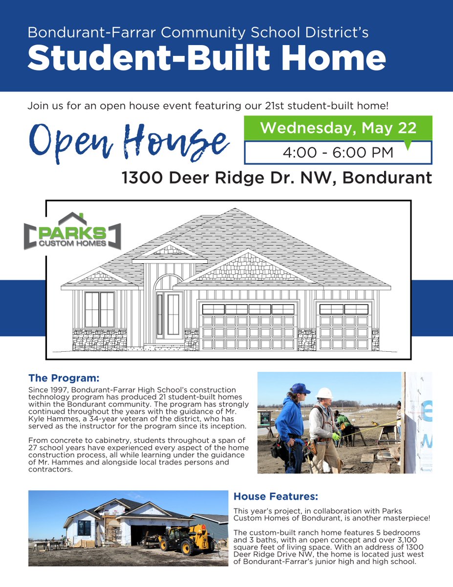 BF_District's tweet photo. Join us tomorrow as we recognize the achievements of @BF_HighSchool students enrolled in Mr. Hammes's construction technology classes and explore the program's 21st student-built home. 🏠

We hope to see you there! 👏

#WeAreBondurantFarrar 💙 https://t.co/TgUakLAN6I