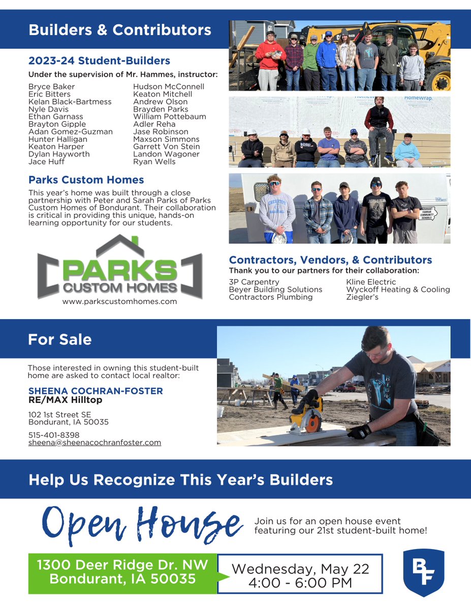 Join us tomorrow as we recognize the achievements of <a href="/BF_HighSchool/">Bondurant-Farrar High School</a> students enrolled in Mr. Hammes's construction technology classes and explore the program's 21st student-built home. 🏠

We hope to see you there! 👏

#WeAreBondurantFarrar 💙
