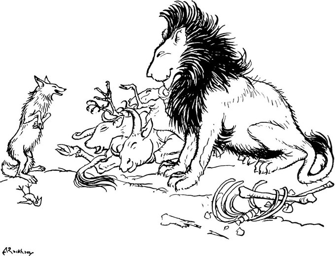 Lion, Fox & Ass went hunting together. The Ass divided the spoils into 3 identical piles, so the Lion ate him, then asked the Fox to divide the food again. The Fox gave the Lion nearly all of the food & took a tiny portion. -Aesop, talking about politics #FairyTaleTuesday