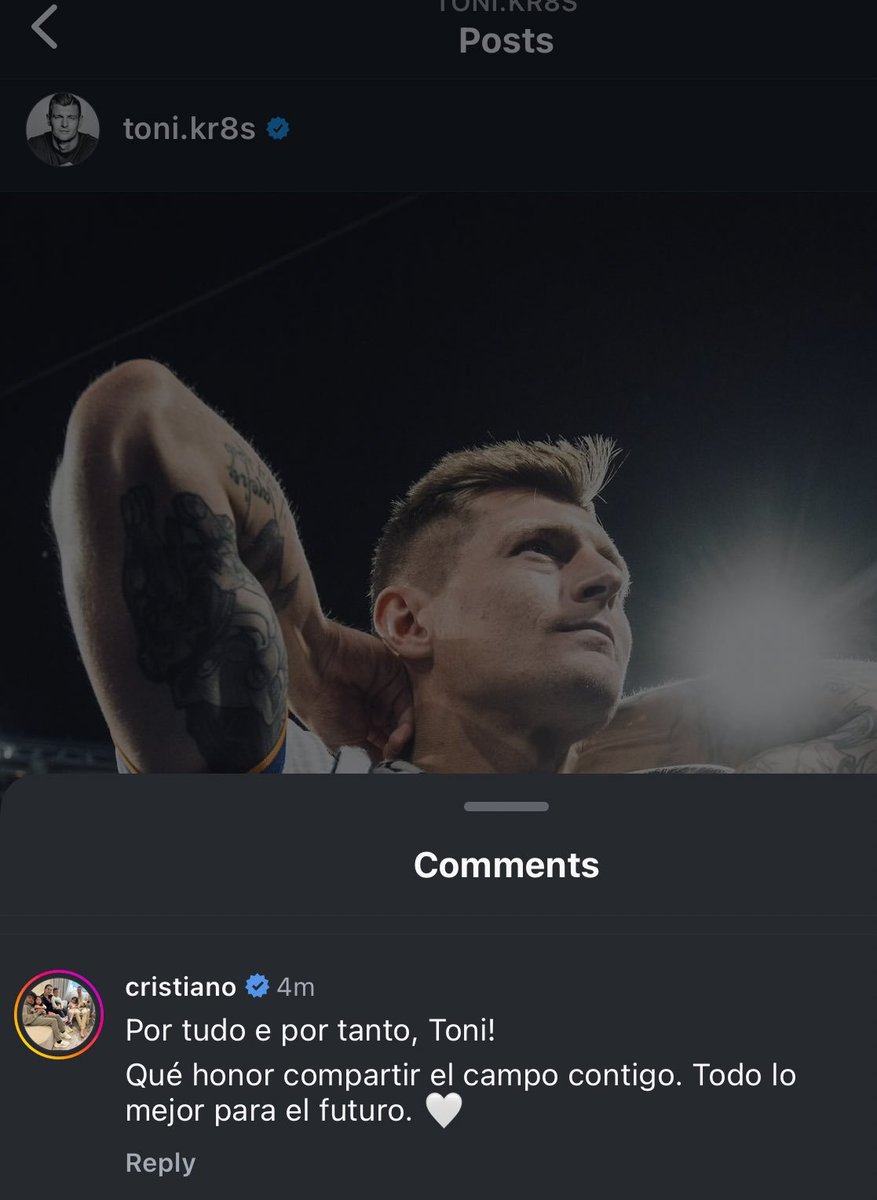 🔴🔴🔴 Cristiano Ronaldo s'adresse à Toni Kroos après l'annonce de sa retraite :

« Merci pour tout, Toni ! Quel honneur d'avoir partagé le terrain avec toi. Tout le meilleur pour l'avenir ! »