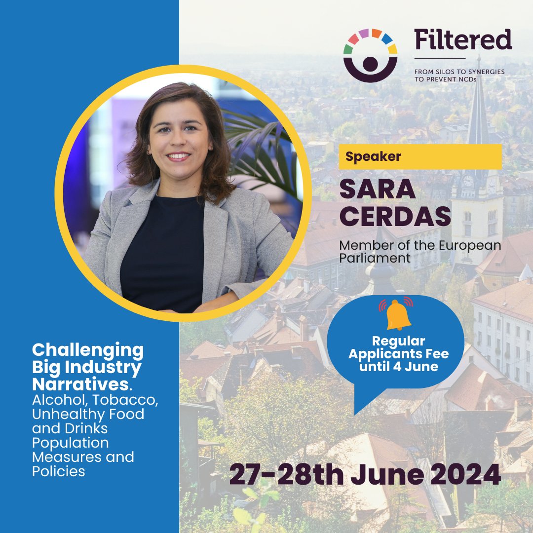 📢 MEP @sara_saracerdas will be present at #FILTERED Conference to lead a discussion on 🇪🇺 policy & the battle against Commercial Determinants of Health #CDoH. 📅 27-28 June 2024 🏨 Intercontinental Hotel (Ljubljana 🇸🇮) 🎟️ Register here: twtr.to/p33dj