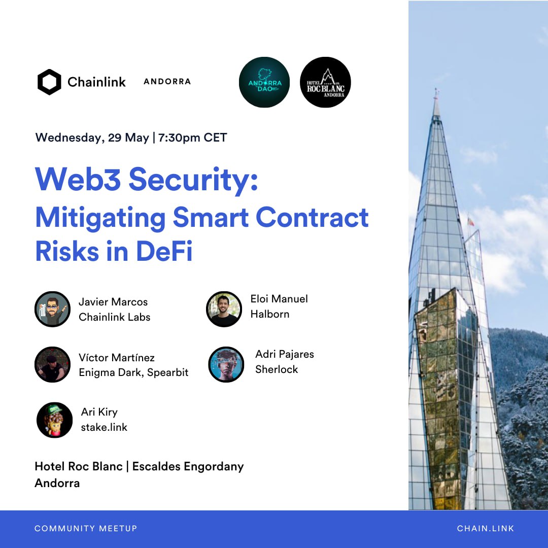 Thrilled to announce that on May 29th, we'll be hosting the 2nd #Chainlink community meetup in Andorra. We'll discuss DeFi risk mitigation strategies with top cybersecurity experts and smart contract auditors.

Looking forward to an insightful event!
➡️lu.ma/s0qh2zvk