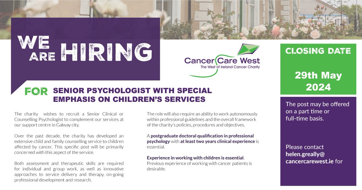 The closing date to apply for our Senior Psychologist position is Wednesday the 29th of May. Please contact Helen Greally at helen.greally@cancercarewest.ie. #hiring #recruitment #career #jobs #galway #psychologist #cancerservices