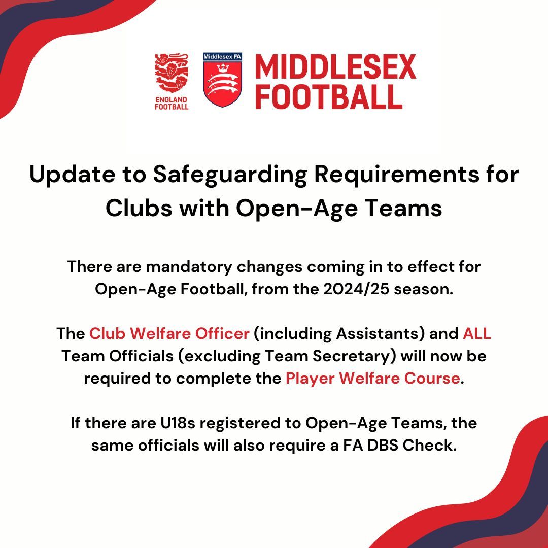 We have updated our website with a few updates in relation to safeguarding requirements, particularly for Open-Age Football, that are coming into effect for the 2024/25 season. Here's everything you need to know ⬇️ bit.ly/4bCXgAW