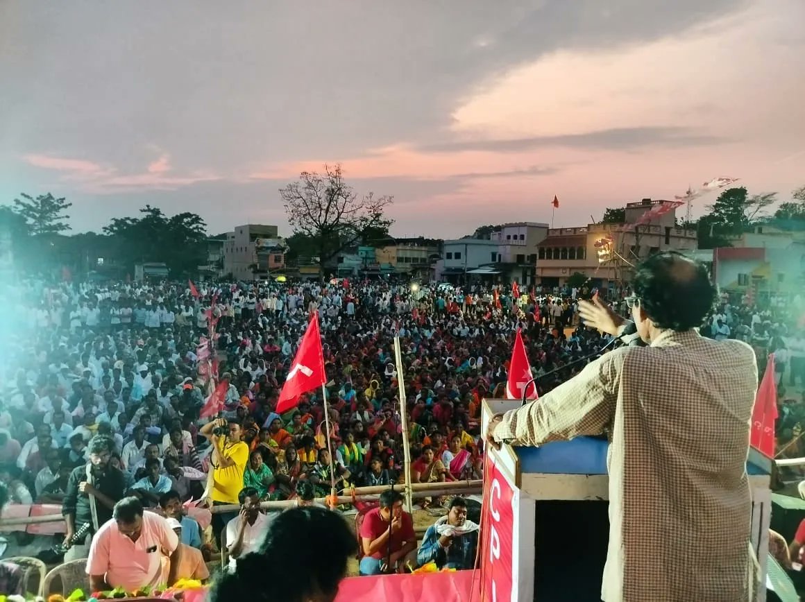 West Bengal: Glimpses from the public rally in Khatra in Bankura district, in support of Bankura Lok Sabha constituency CPI(M) candidate Comrade Nilanjan Dasgupta. Polit Bureau member and State Secretary comrade Md Salim, CC members comrades, Amiya Patra, Deblina Hembram,