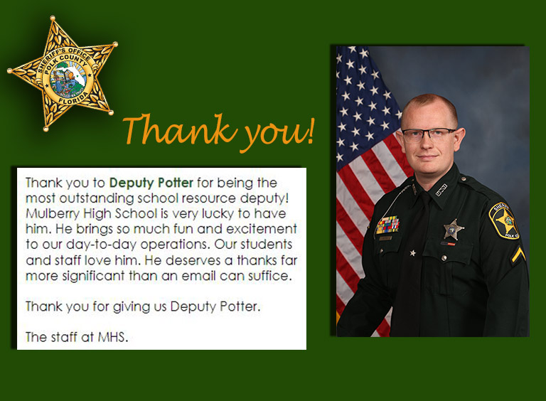 PolkCoSheriff's tweet photo. Thank YOU to @MHSMulberryFL for this very sweet email. We are so proud of Deputy Potter and all our School Resource Deputies. Have an outstanding summer, everyone! https://t.co/YikKYmcjxm