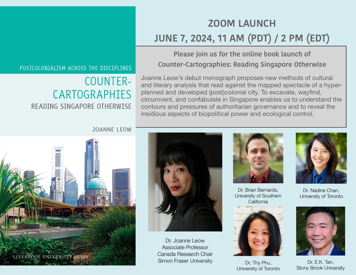 EVENT: Join @joleow on June 7th for the online launch of her new book Counter-Cartographies: Reading Singapore Otherwise. Book your free place using this link: bit.ly/CounterCartogr…