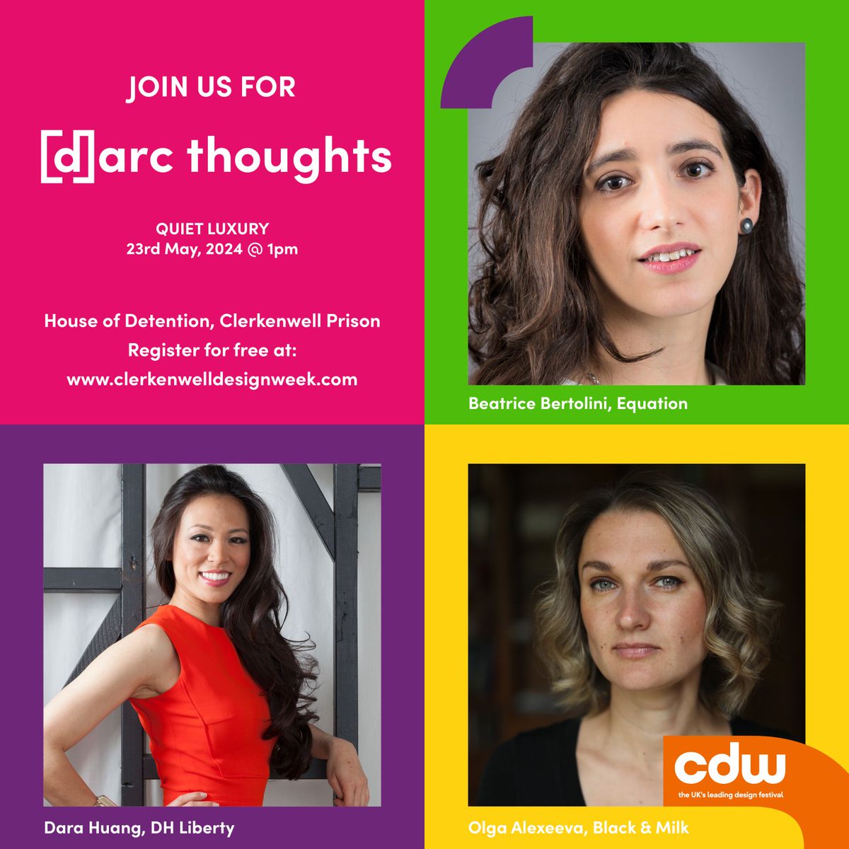 #Talk
We are delighted to invite you to attend the [d]arc thoughts QUIET LUXURY panel discussion on the Thursday 23rd of May 2024 at 1 pm BST
&gt;FREE to attend
&gt;Register at: lnkd.in/e3-DM4Kv
<a href="/CDWfestival/">Clerkenwell Design Week</a> #EquationLighting