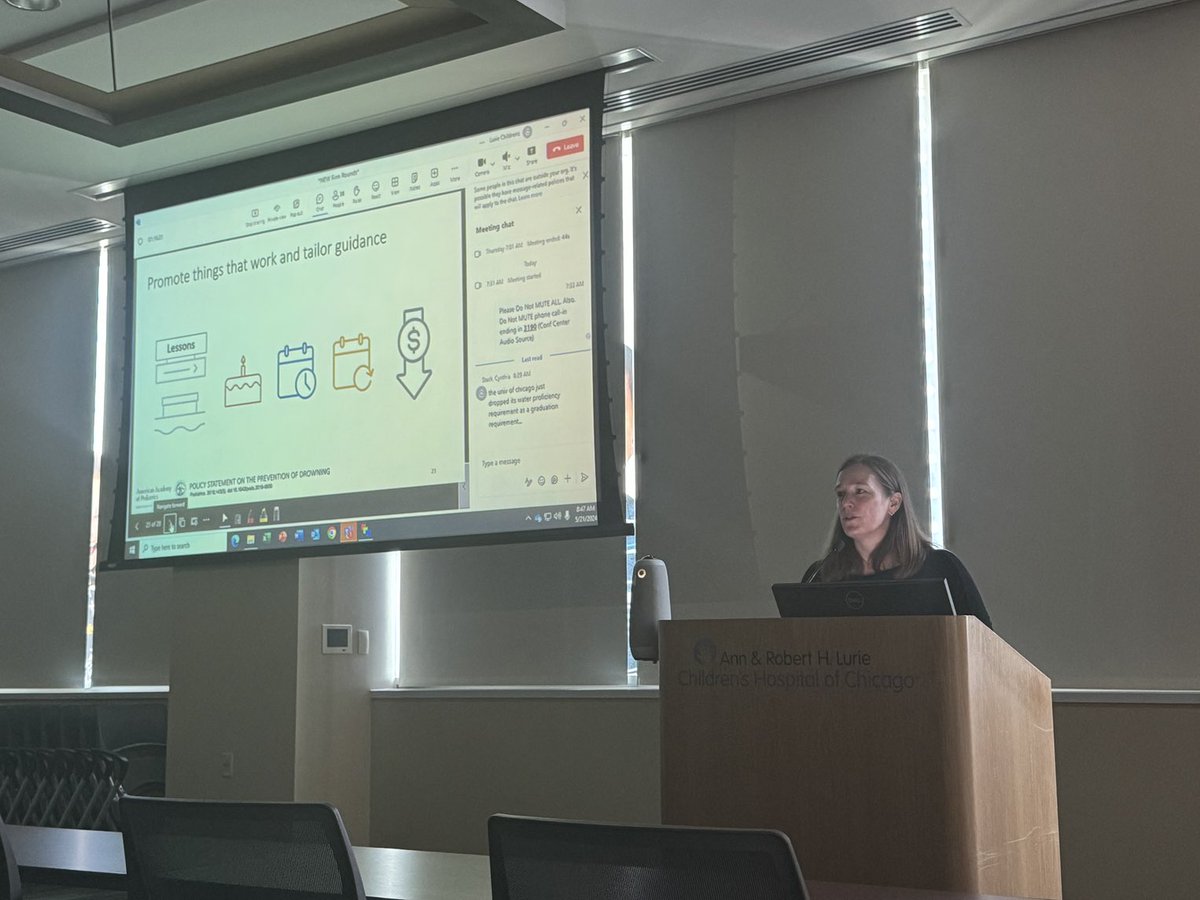 ⁦<a href="/MichLMacy/">Michelle Macy</a>⁩ Macy at Pediatric Firm Rounds ⁦<a href="/LurieChildrens/">Lurie Children's</a>⁩ ⁦@LuriePEM⁩ talking about disparities in drowning, and how to advocate for change! Thanks to Mike Spewak for bringing forward this topic.