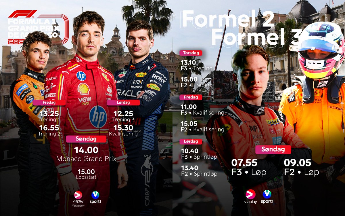 ViaplaySport's tweet photo. Her er full oversikt over helgens sendinger fra Monaco 🇲🇨 Vi er i gang allerede på torsdag med treningene i Formel 2 og Formel 3 🏁 https://t.co/hmBxtMWEcu