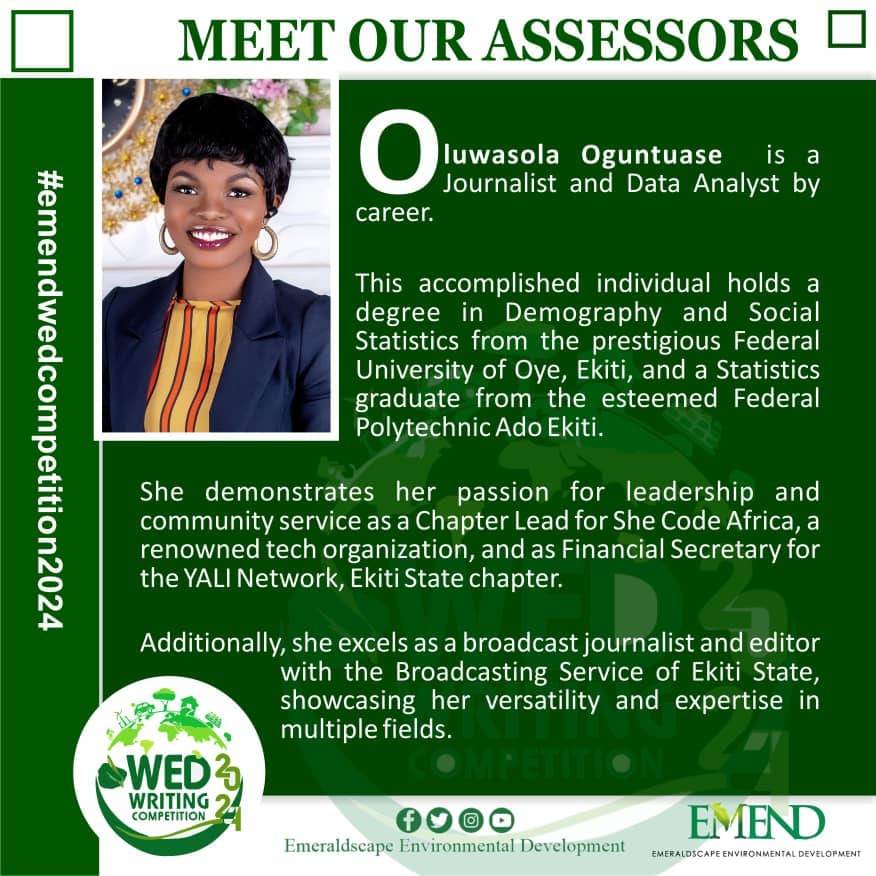 Emeraldscape_01's tweet photo. As we have officially come to the end of entry collection at this year's EMEND WED ESSAY COMPETITION, it's about time you started meeting our Assessors on this edition...... And for the second time on the EMEND WED Competition Assessors list, Meet Ms. Oguntuase Solafunmi https://t.co/U91NRJ1MXi