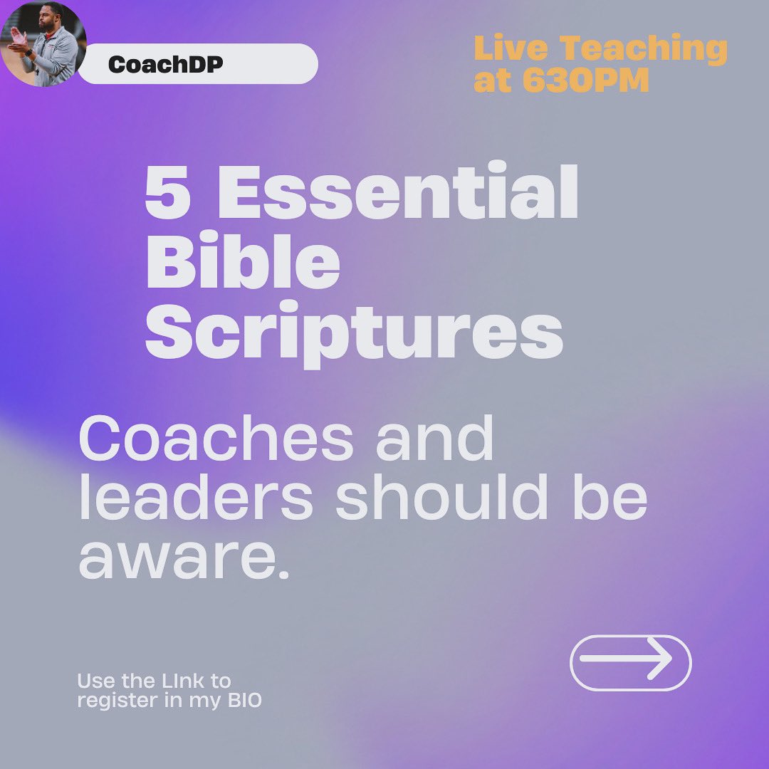 CoachDPaul's tweet photo. Join me for a free live teaching session on “5 Bible Scriptures Every Coach and Leader Should Know”
Enhance your leadership skills and gain insights. This is a discussion for Leaders.
Sign up now! https://t.co/BU4UQOa4QM
#Leadership #Coaching #LiveTeaching https://t.co/pn6vEYxE7U