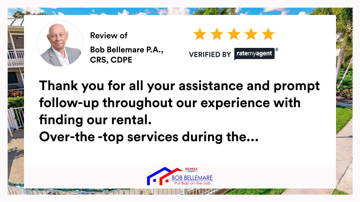 My latest RateMyAgent review in Lighthouse Point.
 0184695
rma.reviews/k2b1uic7g7m9
'Put Bob on the Job'
For all your Real Estate needs call, text or e-mail me!
📧 Bob@BobBellemare.com
🌐 bobbellemare.com
#putbobonthejob #pompanobeach #deerfieldbeach #remaxdirect...