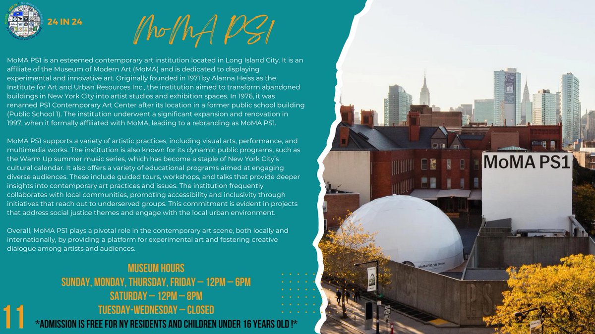 At #11 we have MoMA PS1 an Art Museum that is deeply intertwined in the evolution of New York City’s art scene.

@DOEChancellor @NYCMayor @MoMAPS1