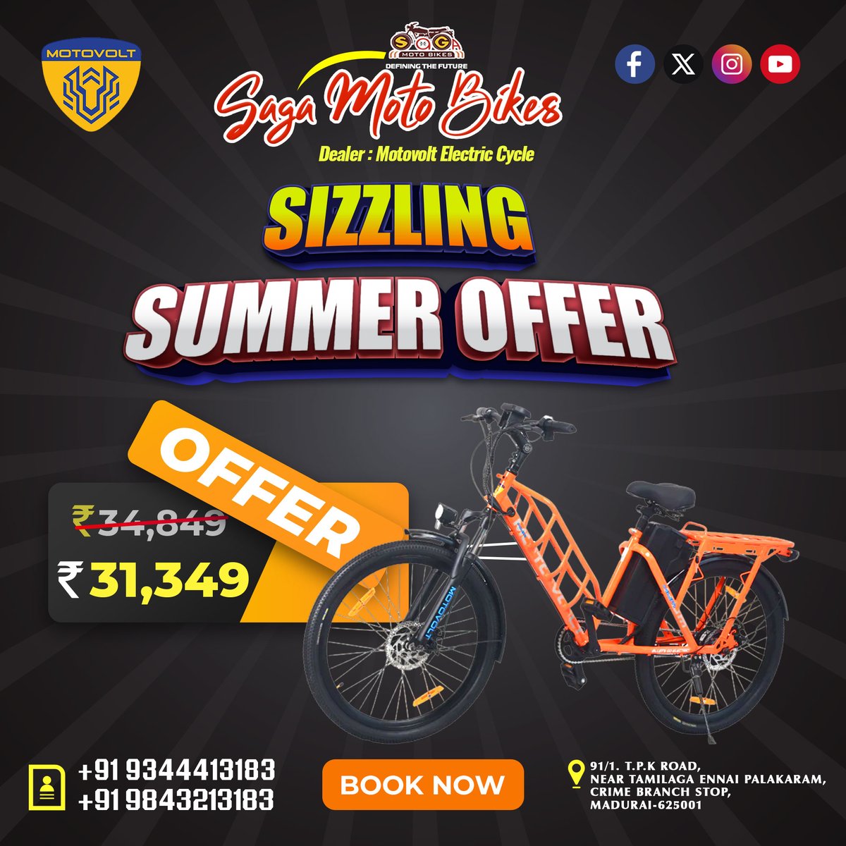 Summer Offer - Saga Moto Bikes - Motovolt Electric Cycle - Madurai #serviceandwarranty #dealer #pedalassistmode #EnergyStorage #assistedbike #fastandflexing #improvefitness #ecofriendly #newtech #battery #urbn #safety #rideinfo #customersupport #performance #savings #trend #shop