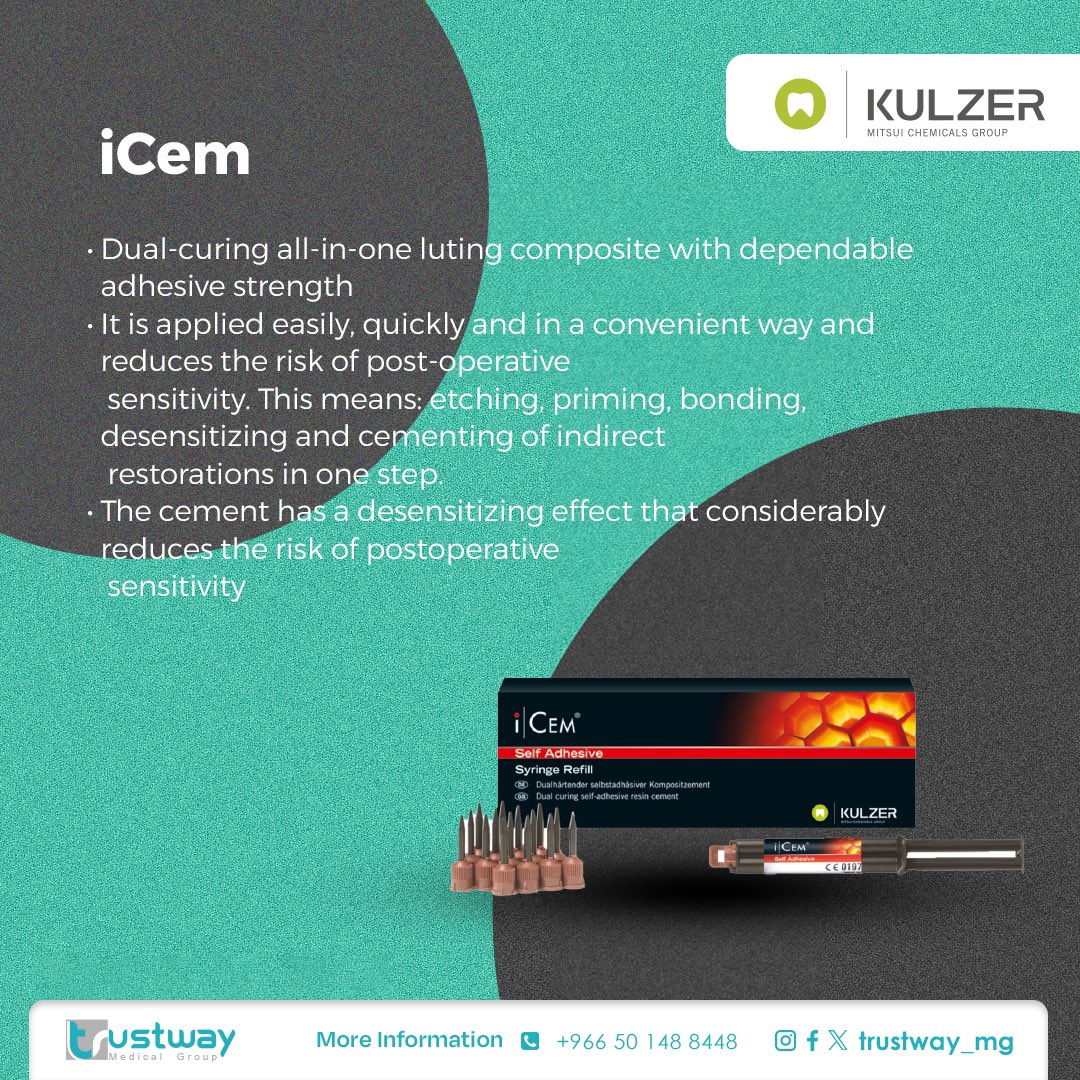 trustwaymg's tweet image. Say goodbye to postoperative sensitivity with iCem!
This dual-curing luting composite offers strong adhesion and a desensitizing effect for patient comfort.
Fast, easy, and reliable - that's iCem. 

#trustway #kulzer #icem