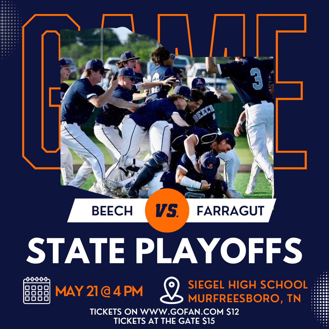 _BeechBaseball's tweet photo. It’s GAME DAY!!! Today begins the Division 1 4A State Tournament in Murfreesboro, TN! Our boys have a touch road ahead but are always up for a challenge &amp; ready to play for a WIN!!! 

Time: 4 PM vs Farragut
Location: Siegel High School
Tickets: on Go Fan app $12 at the gate $15 https://t.co/F3s7Aml5LI