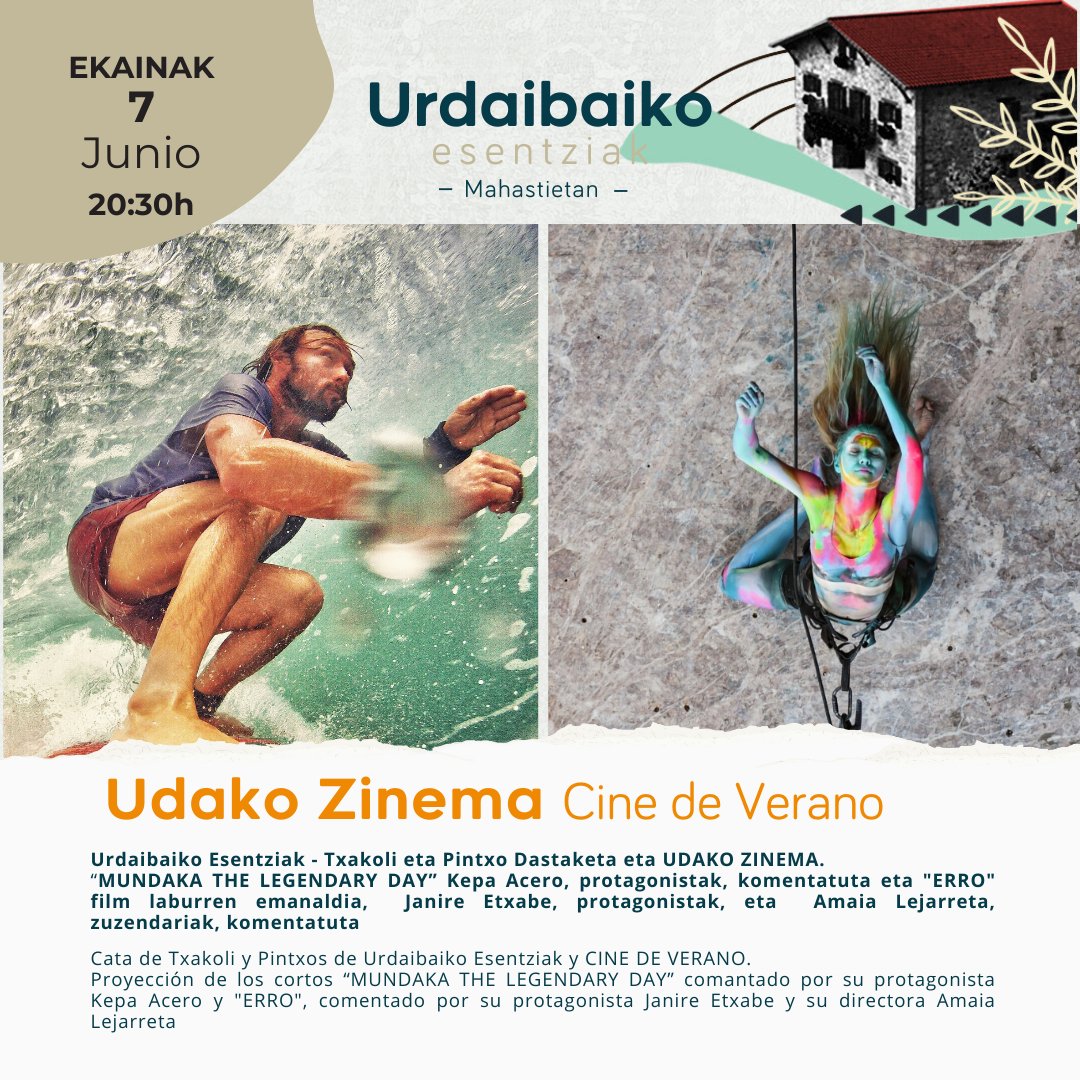 🎞 ¡#UrdaibaikoEsentziakMahastietan está de vuelta! Al igual que el año pasado, el cine de verano tendrá un protagonismo especial. Disfrutaremos de las proyecciones de los cortos 'Mundaka the legendary day' y de 'ERRO'. 🎫 ENTRADAS y ➕ℹ️ 👉 labur.eus/honm0 @VisitBiscay